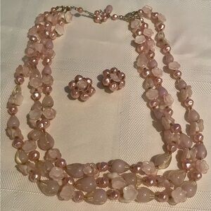 Vintage pink flowers and beads 3 strand necklace & clip on earrings Hong Kong